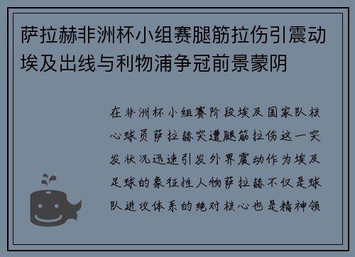 萨拉赫非洲杯小组赛腿筋拉伤引震动埃及出线与利物浦争冠前景蒙阴 萨拉赫非洲杯小组赛腿筋拉伤引震动埃及出线与利物浦争冠前景蒙阴